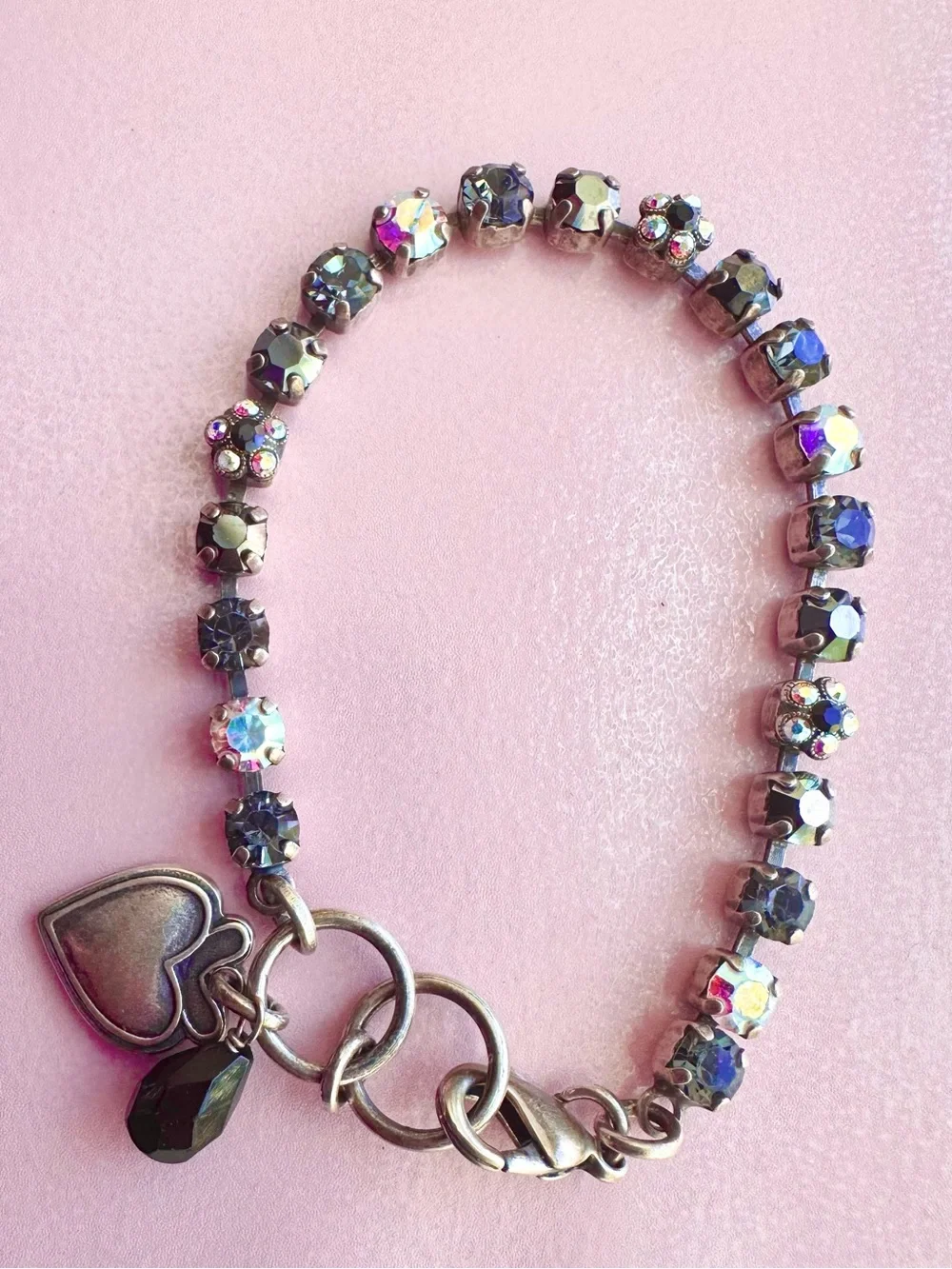 Mariana Silver,Black, Gray, ab, flower Swarovski Crystal Heart Charm Bracelet